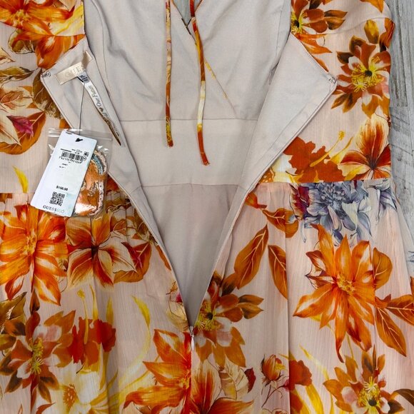 Guess Orange Floral Gilda Pleated V-Neck Cap Sleeve Maxi Dress $158 Size XL NEW! - Picture 11 of 12